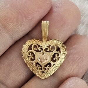 14k Solid Yellow Gold & Rose Gold Filigree Puff Heart Charm Pendant New